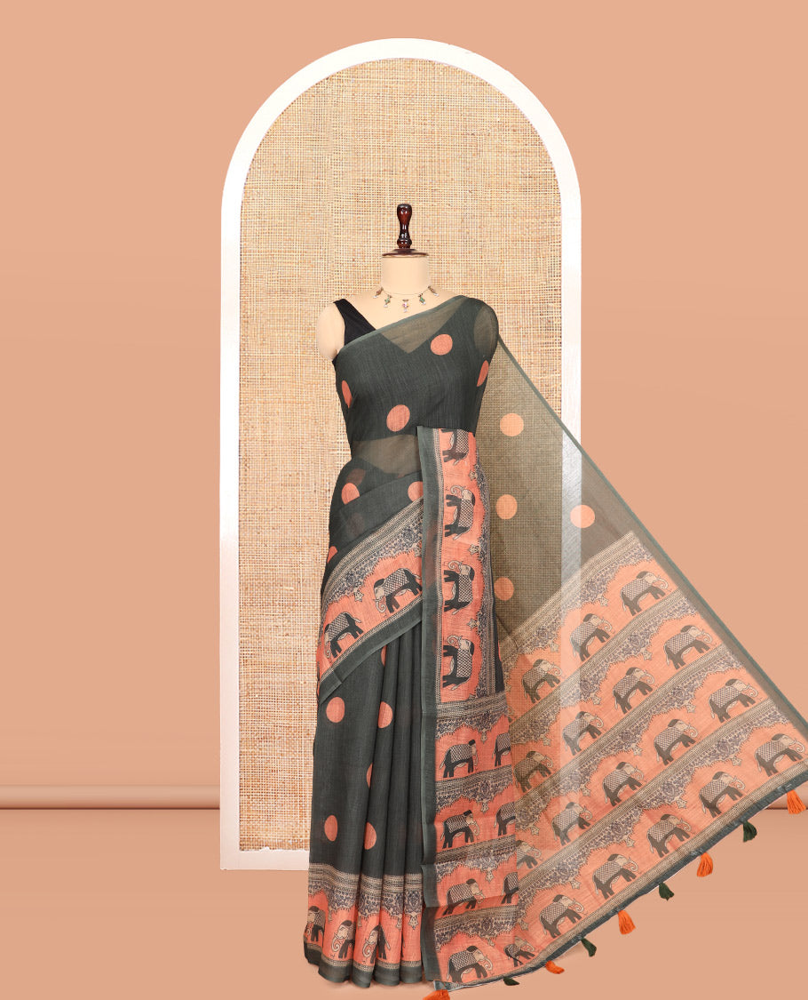 Green Linen Cotton Saree Features Polka Dots, a Contrast One-sided Elephant Motif Border, Elephant Motif Pallu, Contrast Blouse