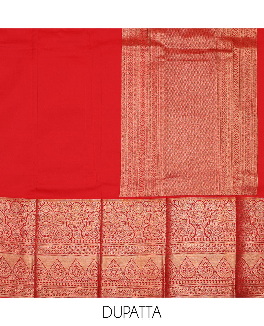 Green pure-silk half-saree, jacquard skirt, contrast blouse, and border of Mughal-style zari designs, and intricate dhavani