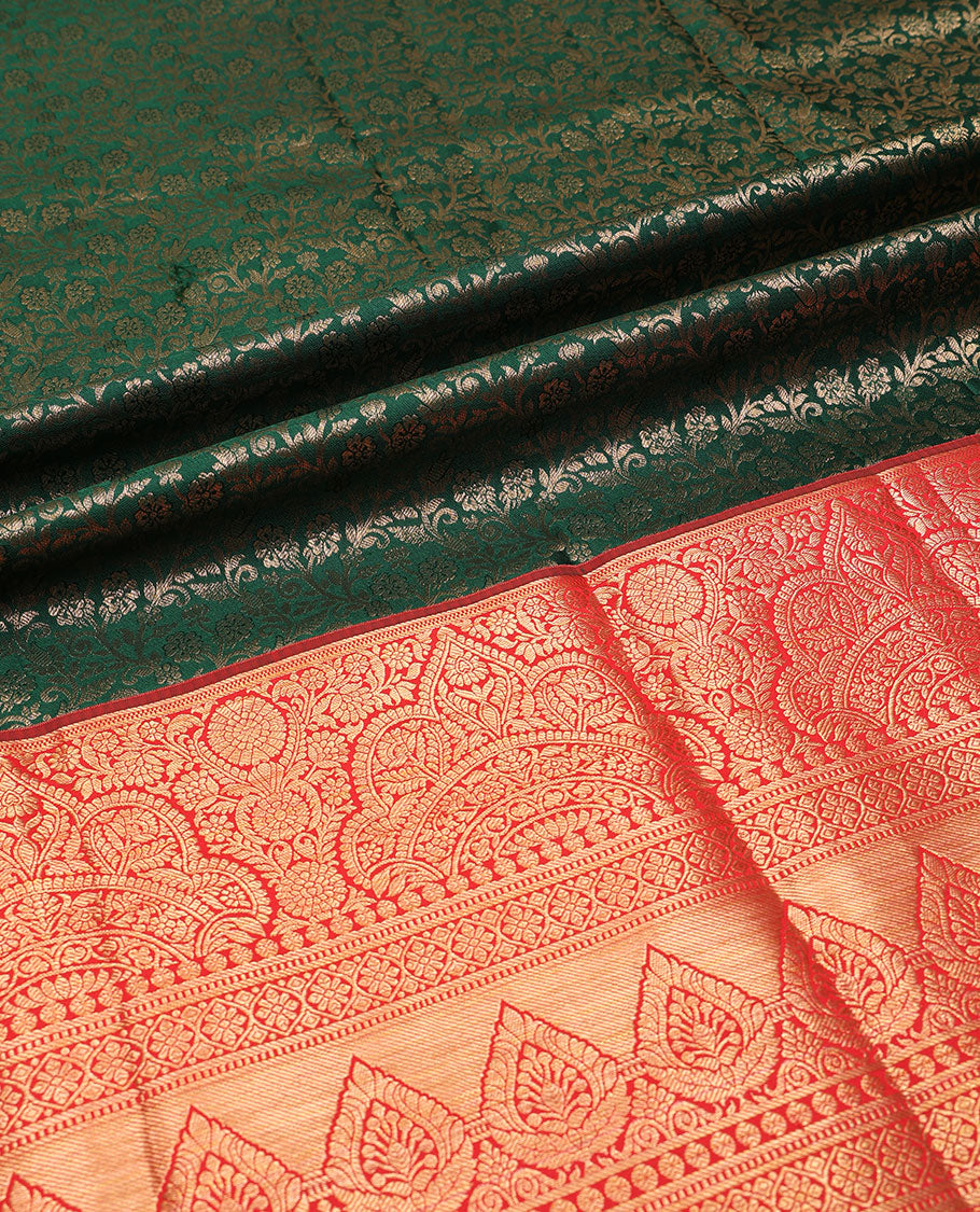 Green pure-silk half-saree, jacquard skirt, contrast blouse, and border of Mughal-style zari designs, and intricate dhavani