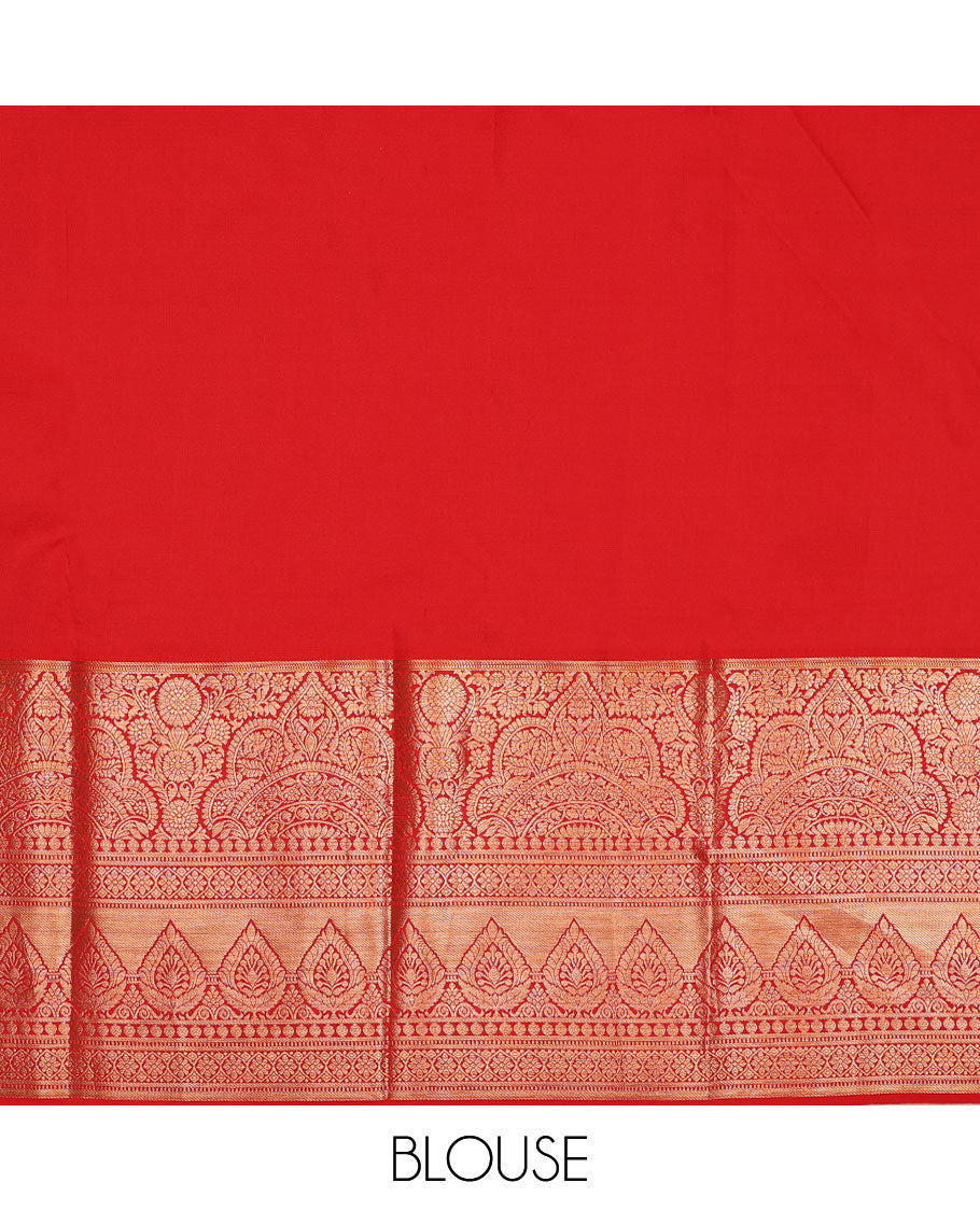 Green pure-silk half-saree, jacquard skirt, contrast blouse, and border of Mughal-style zari designs, and intricate dhavani