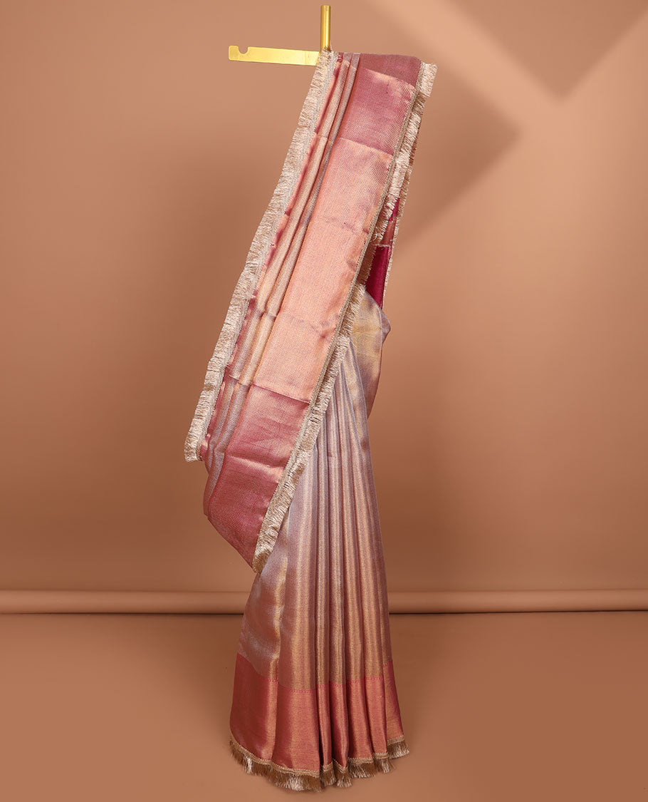 Pastel pink zig zag striped tissue saree with self zari design border & intricate zari design pallu