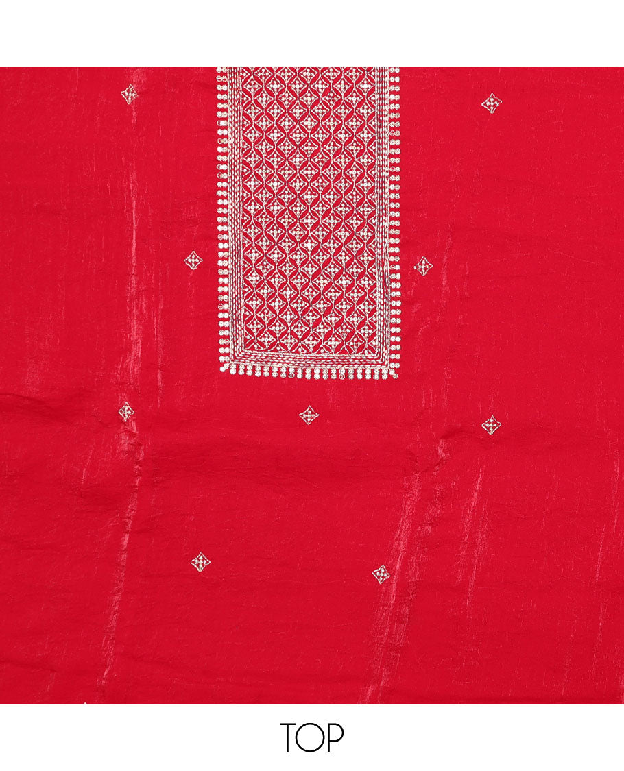Red chudidhar material set, embroidered tissue top, plain bottom & floral vine embroidered scallop tissue dupatta