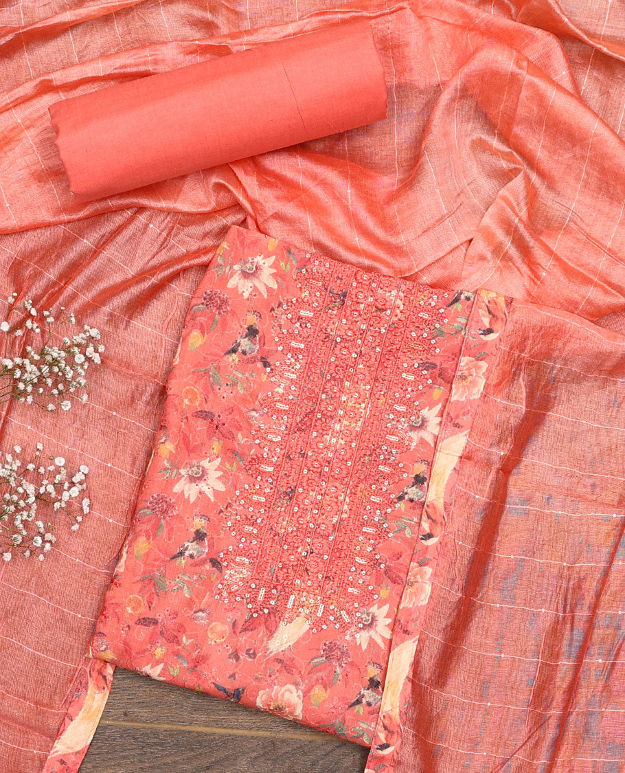 Pink material chudidar set, floral print with neck embroidered top, plain bottom, and pallu of sequins stripes