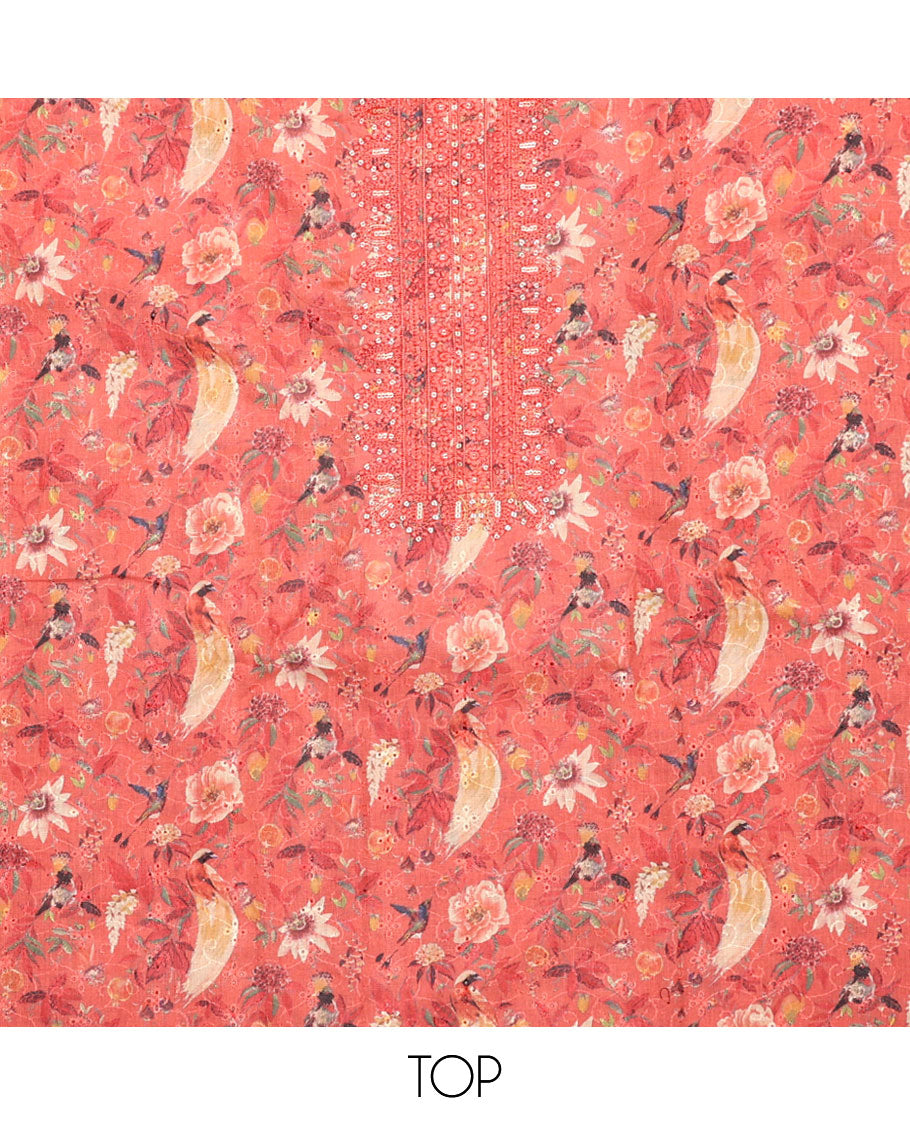 Pink material chudidar set, floral print with neck embroidered top, plain bottom, and pallu of sequins stripes