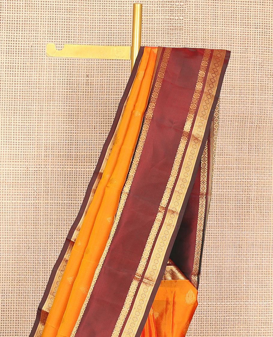 Mango yellow zari design vasundhara silk mix saree, contrast border of thilakam,muthu,neli, diamond & cross kamalam & geometric patterned pallu