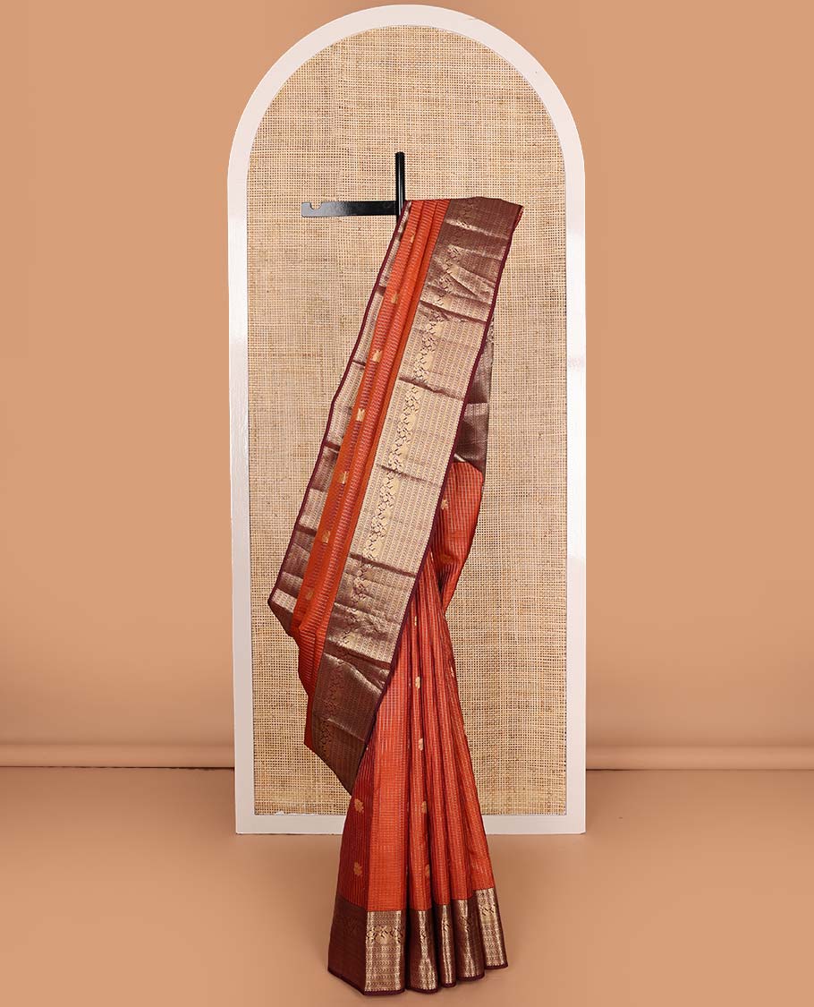 Orange zari design Vasundhara silk mix saree, contrast border of kathir, neli, and mayil designs and intricate pallu