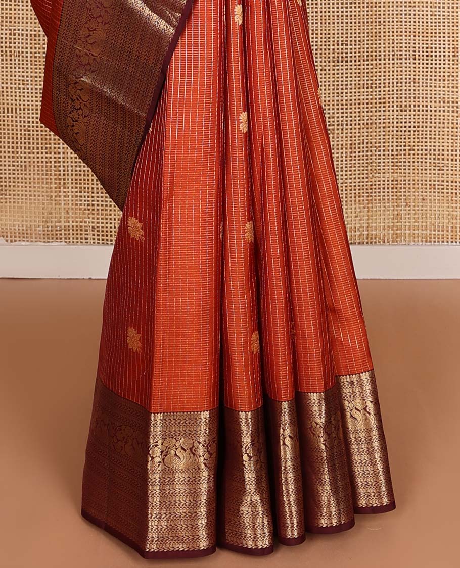 Orange zari design Vasundhara silk mix saree, contrast border of kathir, neli, and mayil designs and intricate pallu