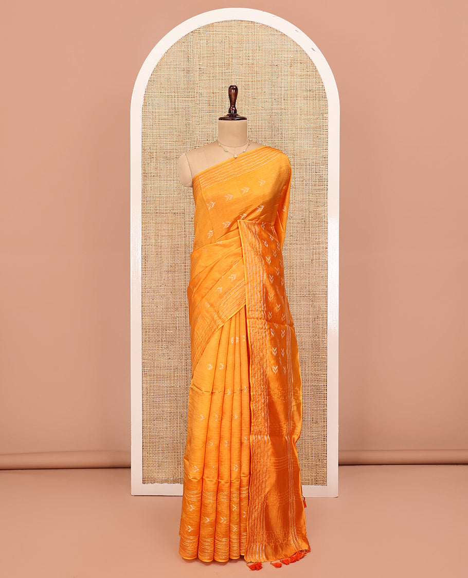 Orange Banana Pith Saree, Finely Woven with Buttas All Over Its Body, Subtle Self-Border of Stripes and Buttas, Pallu Steeped with Stripes, and Paired with a Matching Blouse