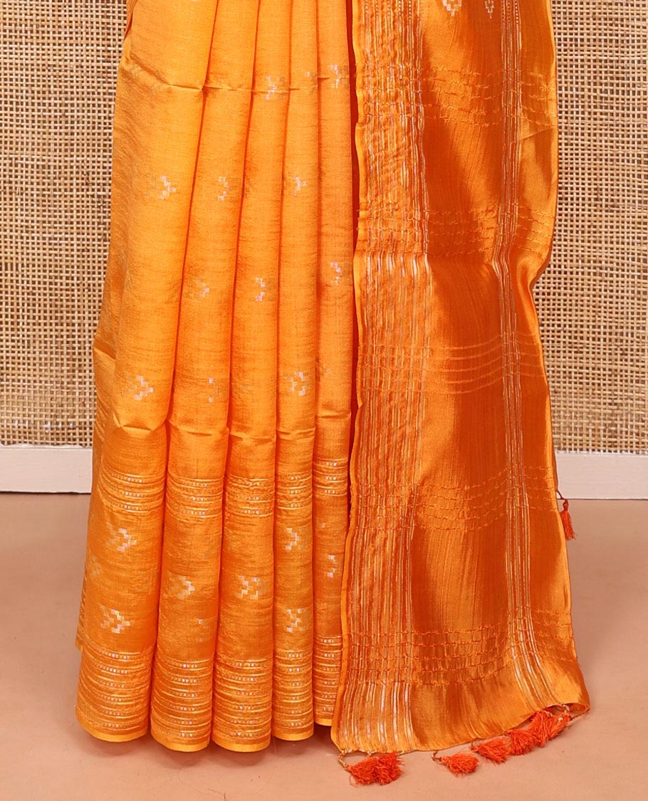 Orange Banana Pith Saree, Finely Woven with Buttas All Over Its Body, Subtle Self-Border of Stripes and Buttas, Pallu Steeped with Stripes, and Paired with a Matching Blouse