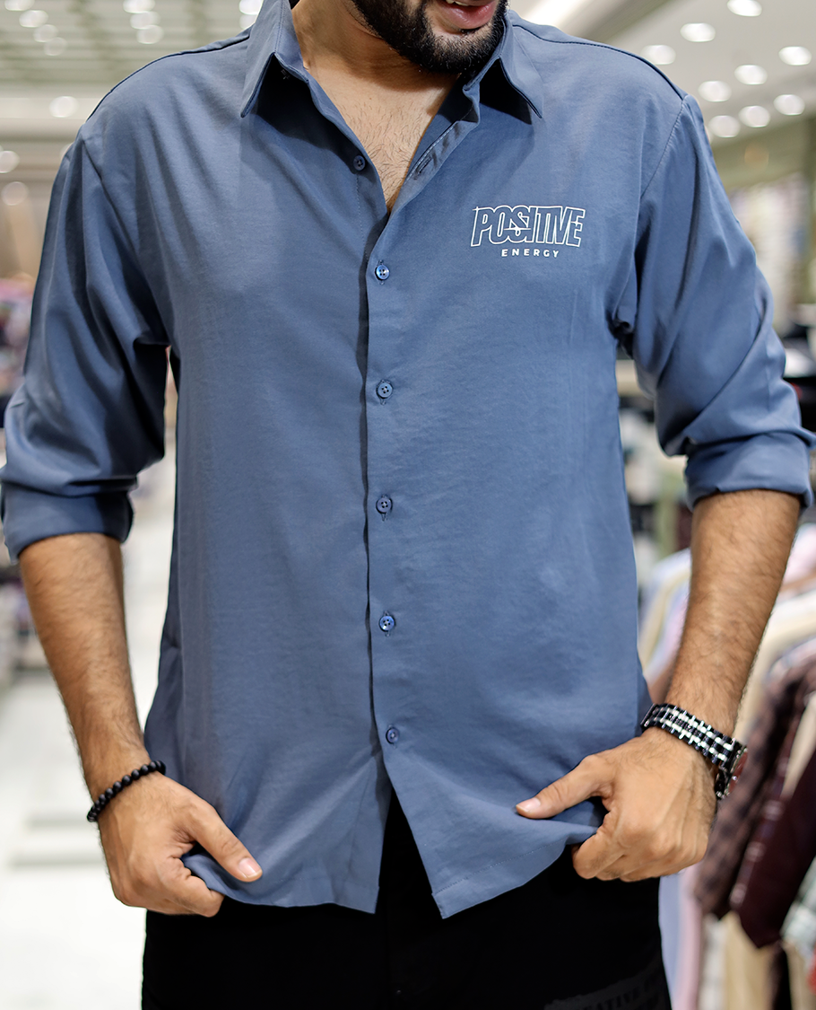 Blue Poly-Blended Back Flap Casual Shirt