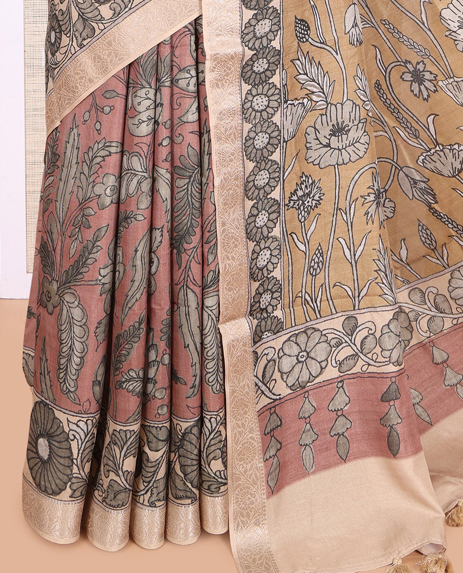 Pink Kalamkari Printed Fancy Tussar Saree