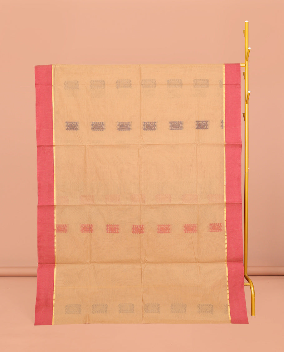 Sandal Coimbatore Cotton Saree, Accentuated with Paisley Buttas, a Contrast Plain Border, a Pallu of Jaal Design, and a Matching Blouse