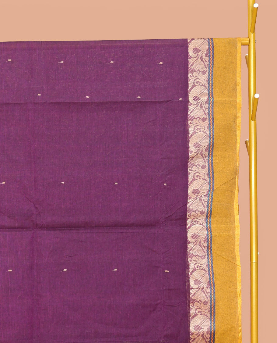 Purple Bengal Cotton Saree, Subtly Sparkled with Buttas, a Contrast Floral-Paisley Border, Pallu of Stripes and Buttas, and a Matching Blouse