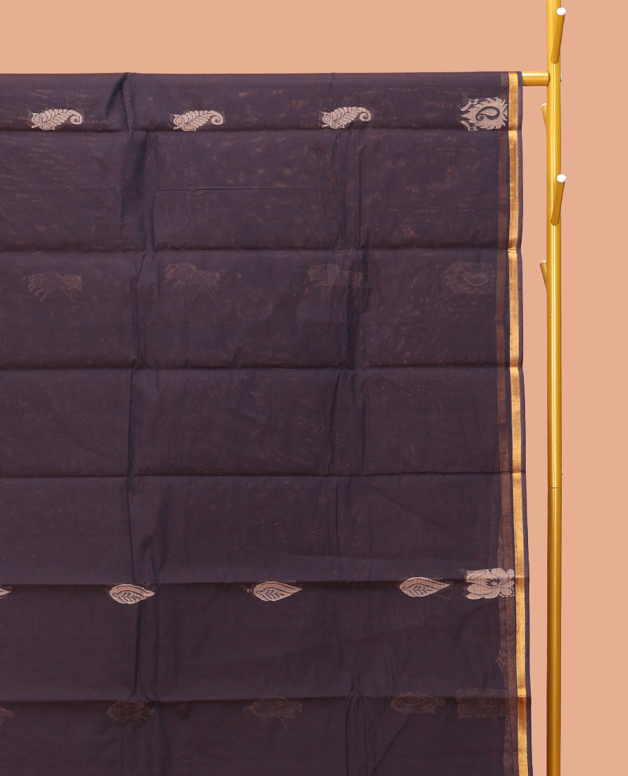 Dark Brown Kanchi Cotton Saree, Adorned with Buttas, a Subtle Piping Border, Intricate Pallu, and a Matching Blouse
