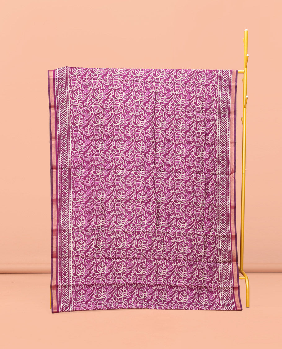 Purple Kanchi Cotton Saree, Embellished with Leaf Motifs All Over Its Body, a Subtle Self-Border, Pallu of Block Printed Floral Designs, and Paired with a Contrast Blouse