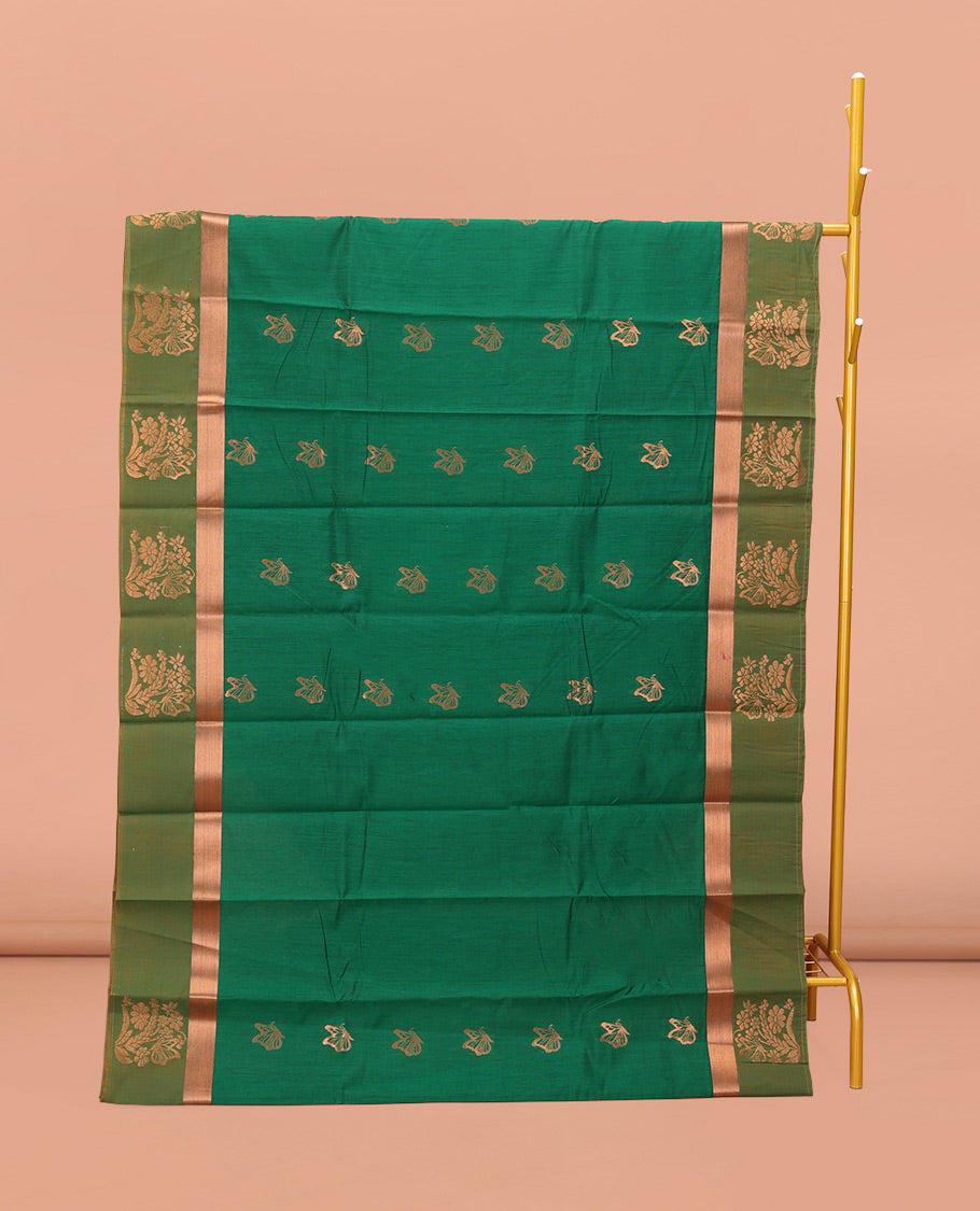 Green Semi-Silk Cotton Saree, Prettified with Butterfly Zari Buttas All Over Its Body, Complemented by a Contrast Border of Floral Designs, Intricately Designed Pallu, and Paired with a Matching Blouse