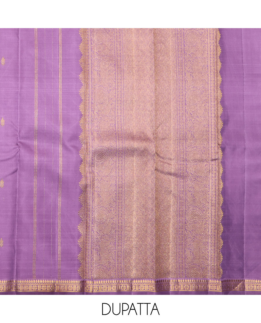 Peach puresilk halfsaree, zari buttas skirt, contrast border, blouse of rekku,banaras,muthu,mayil kann,rettai neli,poun,kathir,rudraksham, and kodi visiry, and zari woven dhavani