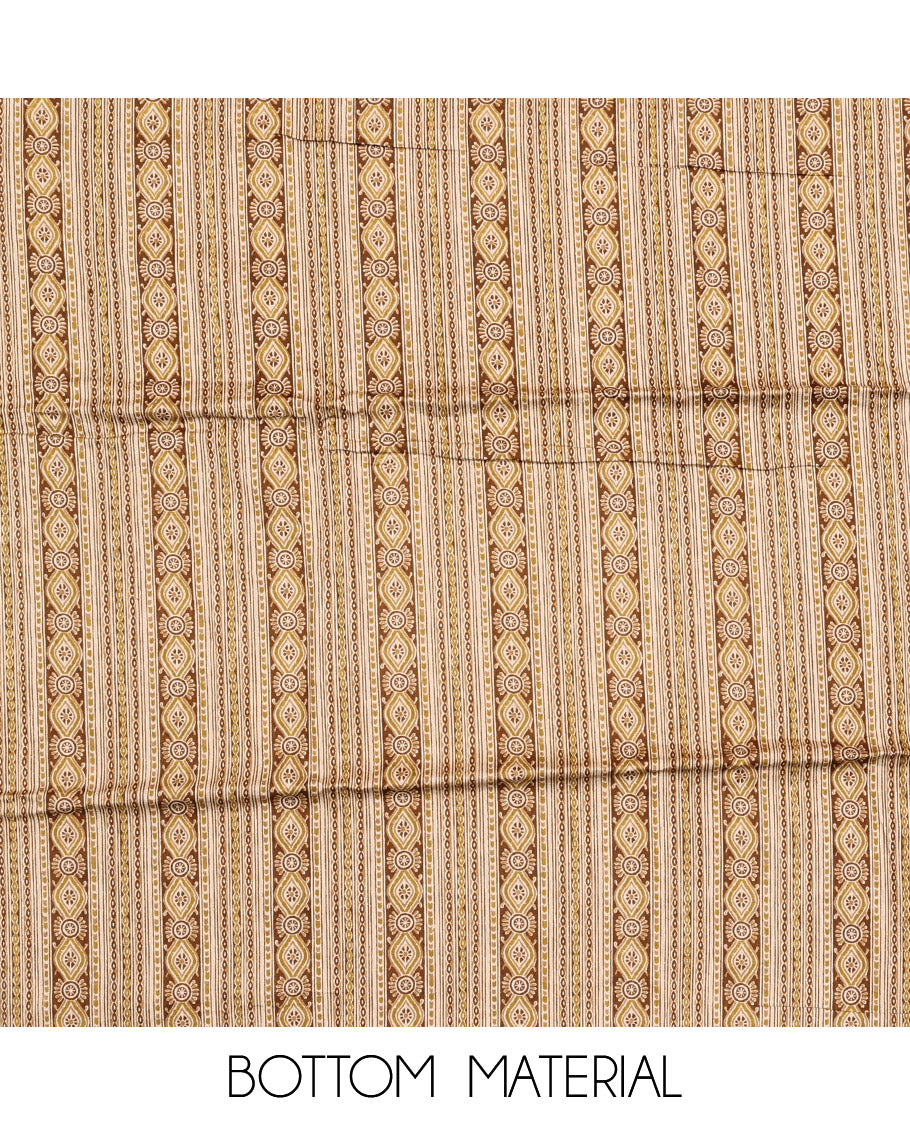 Brown Cotton Material Chudidar Set, Elevated with Intricate Motifs Print, and Embroidery on Its Cotton Top, a Geometric Printed Cotton Bottom, and Paired with Printed Cotton Dupatta