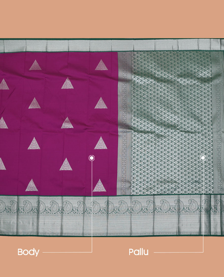 Purple Budget Silk Saree, Detailed with Triangle Zari Buttas All Over Its Body, Complemented by a Contrast Traditional Zari Design Border, Grand Jaal Pallu, and Paired with a Contrast Blouse