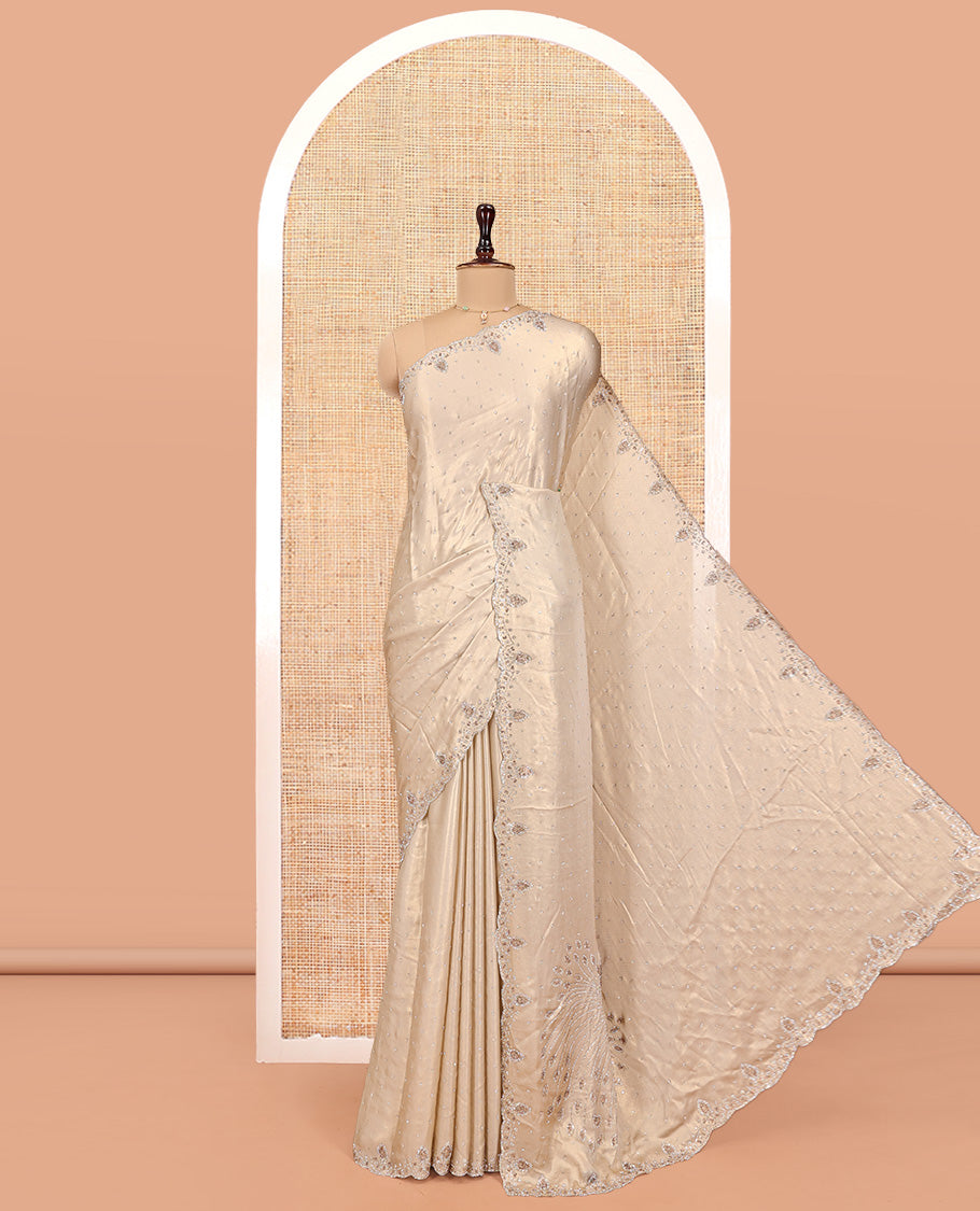 Champagne Designer Saree, Embellished with Stone Work On Its Body, Scallop Embroidered Border, and Heavy Embroidered Matching Blouse