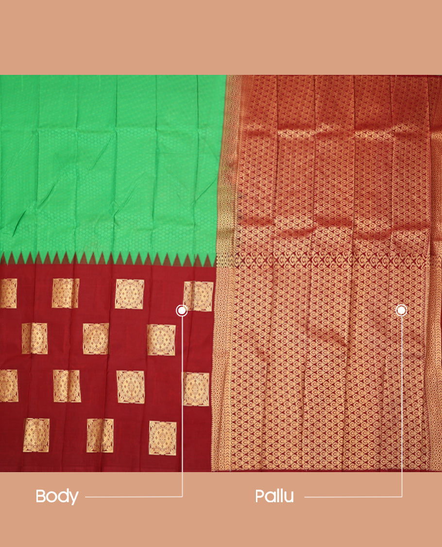 Borderless Green-Red Budget Silk Saree Features Half-And-Half-Style Embossed and Zari Buttas, Intricate Pallu, and a Contrast Blouse