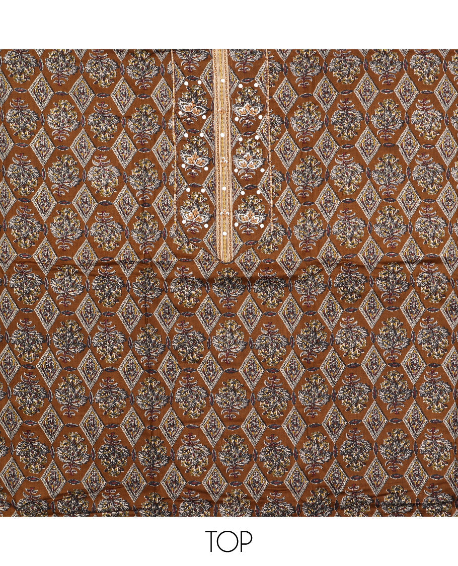 Brown Cotton Material Chudidar Set, Elevated with Intricate Motifs Print, and Embroidery on Its Cotton Top, a Geometric Printed Cotton Bottom, and Paired with Printed Cotton Dupatta