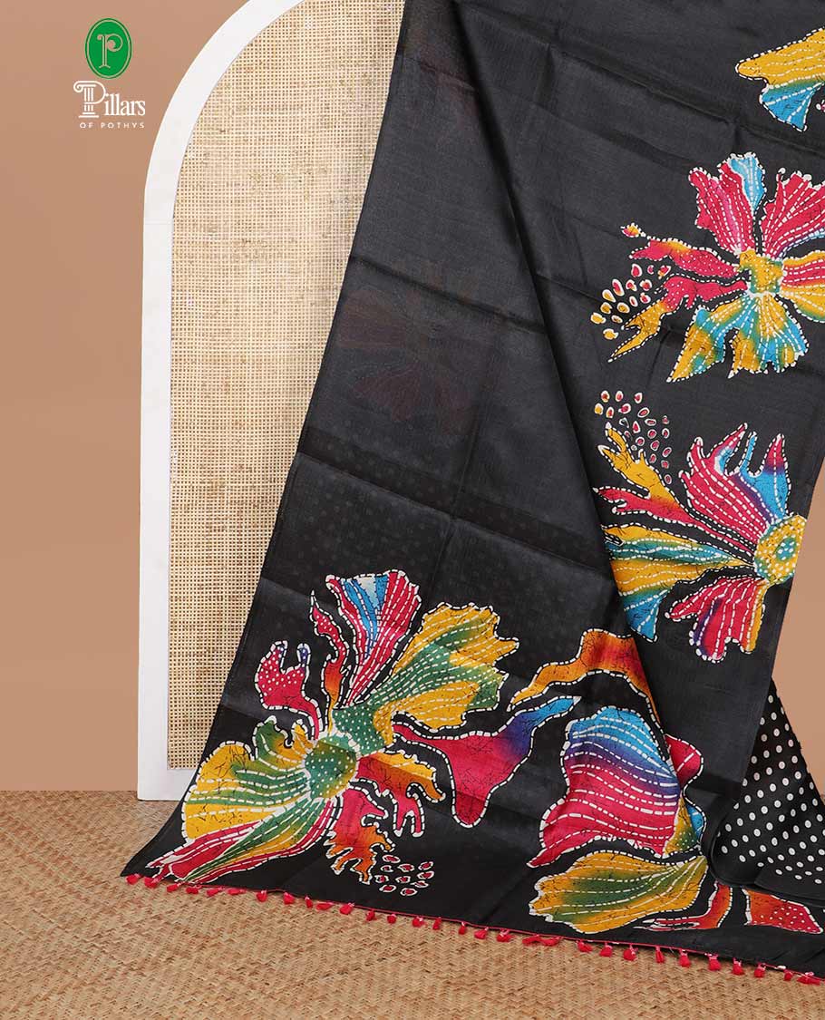 Borderless Black floral digital print semi khadhi silk saree with digital printed blouse & printed blouse