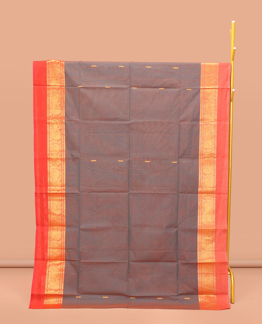 Grey Chettinad Cotton Saree, Embellished with Thread Buttas All Over Its Body, Complemented by a Contrast Kal Eragina Border of Kodi Peacock and Elephant Designs, Pallu of Buttas and Stripes, and Paired with a Matching Blouse