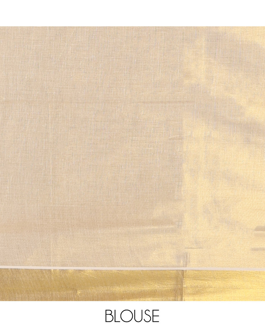 Gold Plain Kerala Tissue Saree, a Gleaming Zari Border, a Self-Pallu, and a Matching Blouse