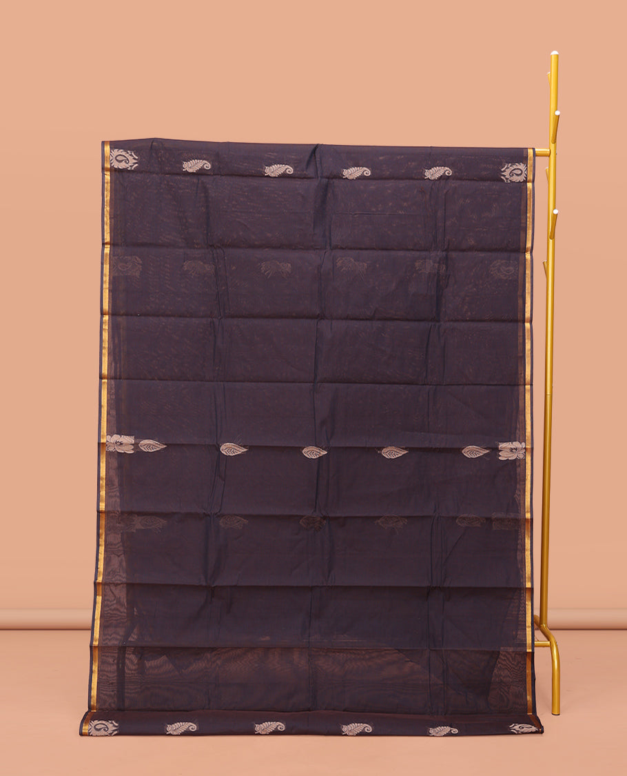 Dark Brown Kanchi Cotton Saree, Adorned with Buttas, a Subtle Piping Border, Intricate Pallu, and a Matching Blouse