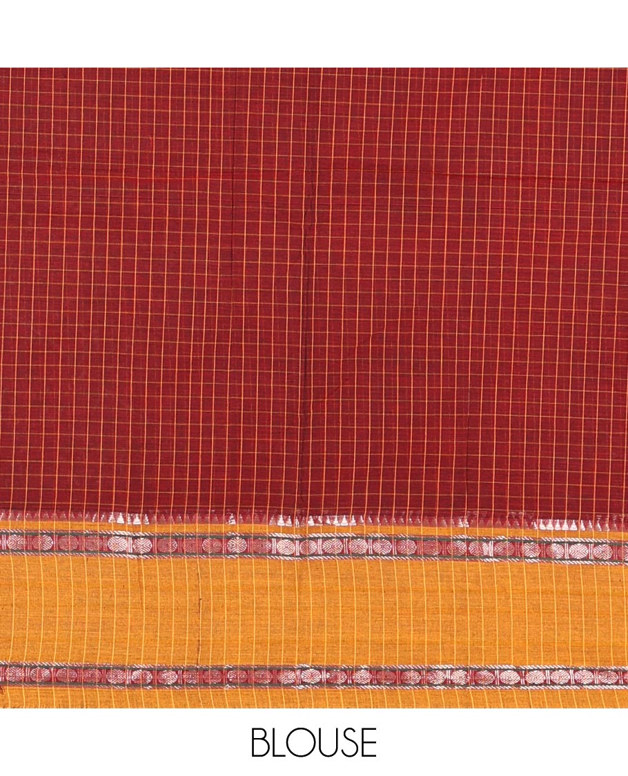 Maroon Checked Mercerised Cotton Saree, Contrast Rettai Pettu Rudraksham-Temple Border, a Self-Pallu and a Matching Blouse