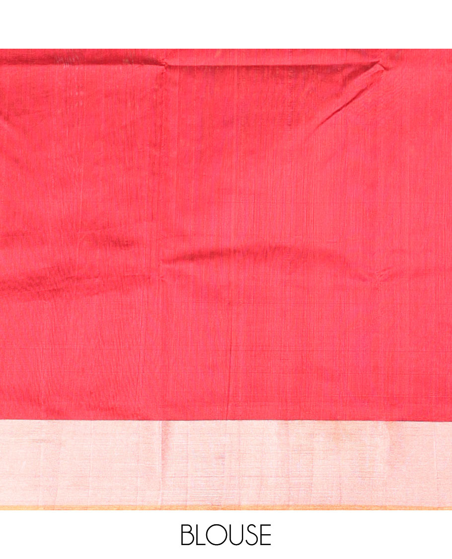 Red floral, peacock design chanderi cotton saree with contrast border & striped pallu