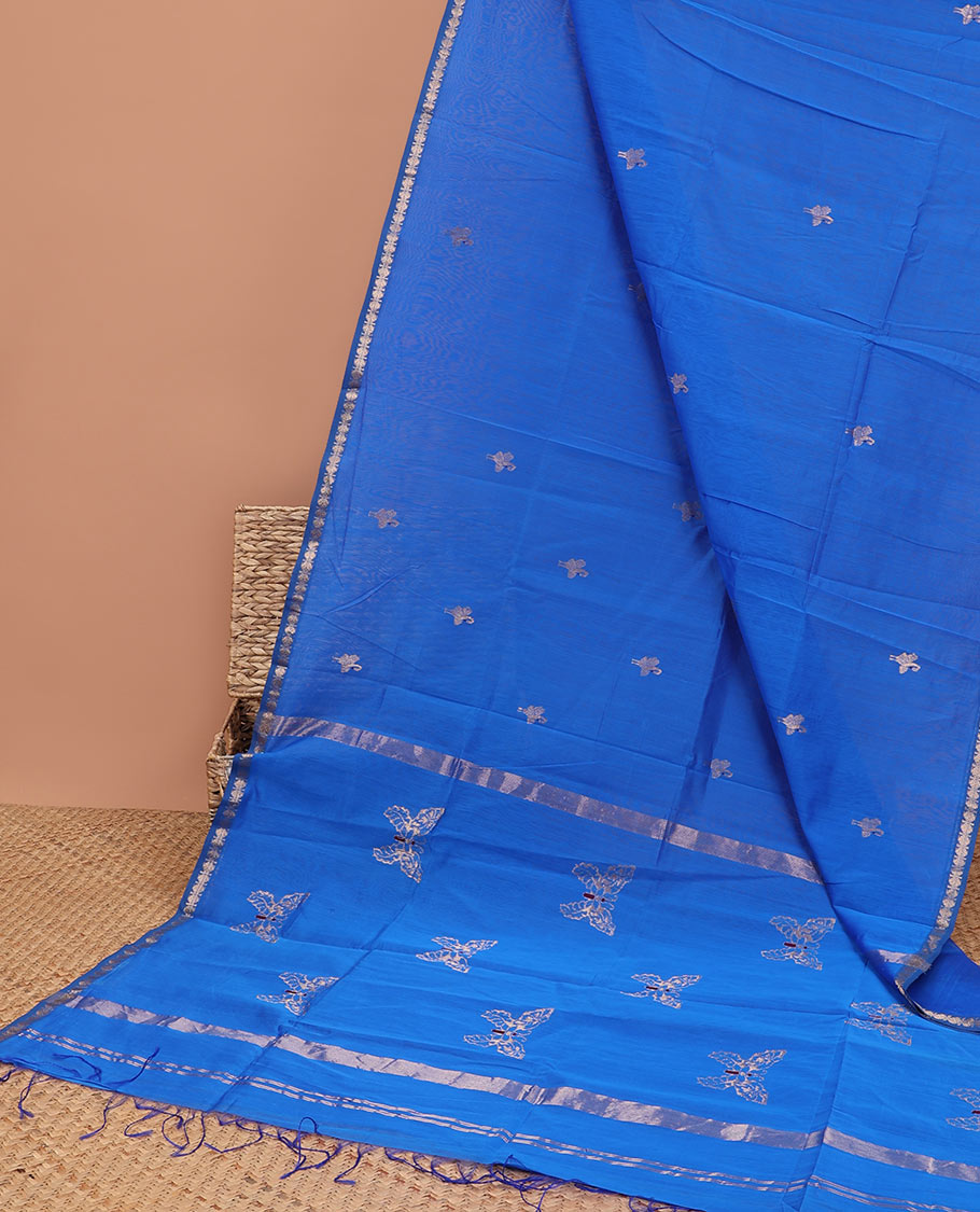 Blue Maheshwari cotton saree with buttas, traditional zari border & butterfly motifs pallu