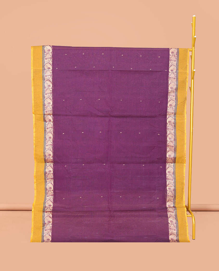 Purple Bengal Cotton Saree, Subtly Sparkled with Buttas, a Contrast Floral-Paisley Border, Pallu of Stripes and Buttas, and a Matching Blouse