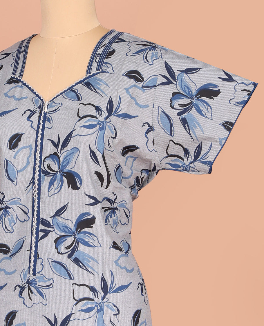 Pale Blue Cotton Nighty Elevated with Floral Print, Featuring Lace Work, Sweet Heart Front Neck, and Half Sleeves