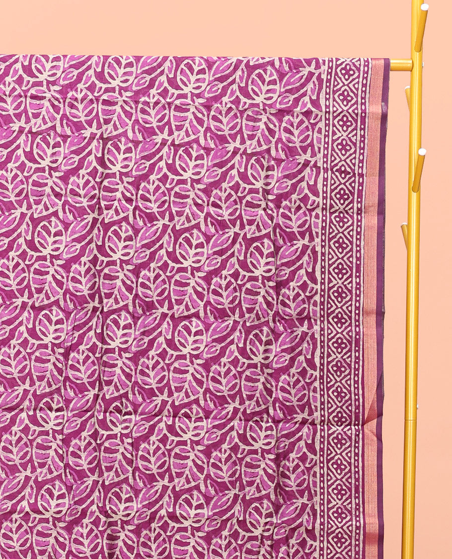Purple Kanchi Cotton Saree, Embellished with Leaf Motifs All Over Its Body, a Subtle Self-Border, Pallu of Block Printed Floral Designs, and Paired with a Contrast Blouse
