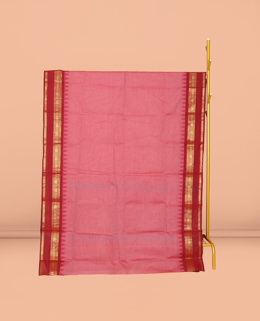 Pink Plain Chettinad Cotton Saree, Complemented by Contrast Traditional Zari Design Rettai Pettu Border, Striped Pallu, and Paired with Matching Blouse