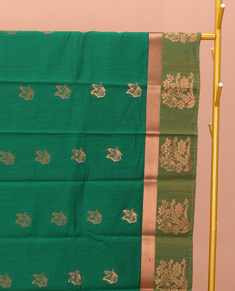 Green Semi-Silk Cotton Saree, Prettified with Butterfly Zari Buttas All Over Its Body, Complemented by a Contrast Border of Floral Designs, Intricately Designed Pallu, and Paired with a Matching Blouse