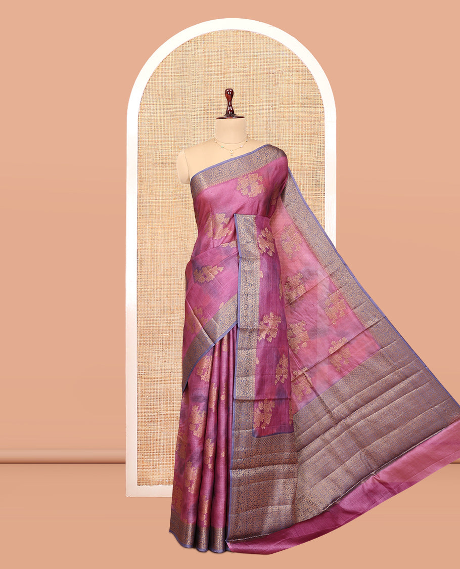 Purple Tussar Silk Saree, Prettified with Floral Buttas, a Contrast Zari Border, Floral Jaal Pallu, and a Matching Blouse