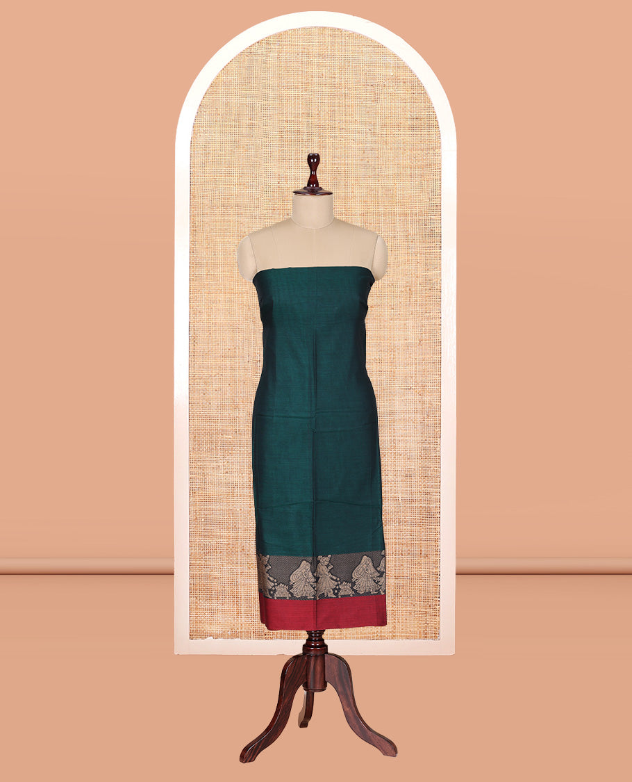 Bottle Green Mercerised Cotton Material Churidar Features Plain Top, Contrast Thread Wedding-Themed Motif Border, Matching Bottom and Dupatta