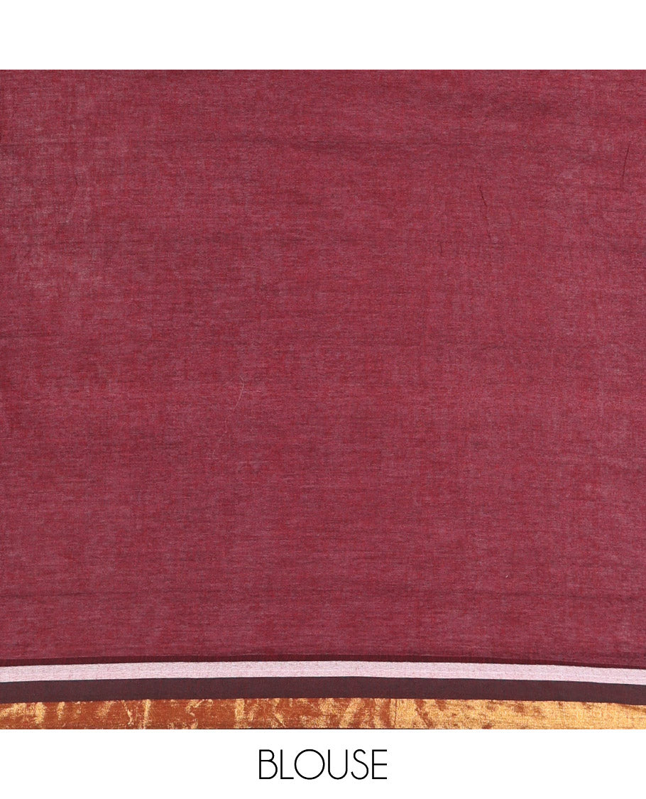 Light Pink and Maroon Khadi Mul Cotton Saree, Prettified with Double-Color Half-And-Half-Style Jamki Work, Complemented by Contrast Zari Border, and Paired with a Matching Blouse