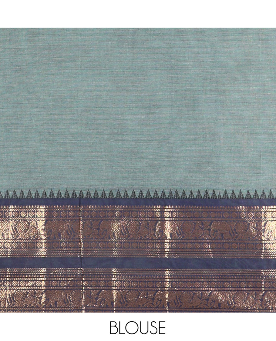 Green Plain Chettinad Cotton Saree, Complemented by a Contrast Traditional Zari Border of Peacock and Elephant Designs, Subtly Striped Pallu, and Paired with a Matching Blouse