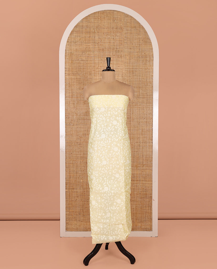 Yellow Mul Chanderi Material Chudidar, Lucknowi-Style Embroidery Top, a Santoon Bottom, Scallop Embroidered Dupatta