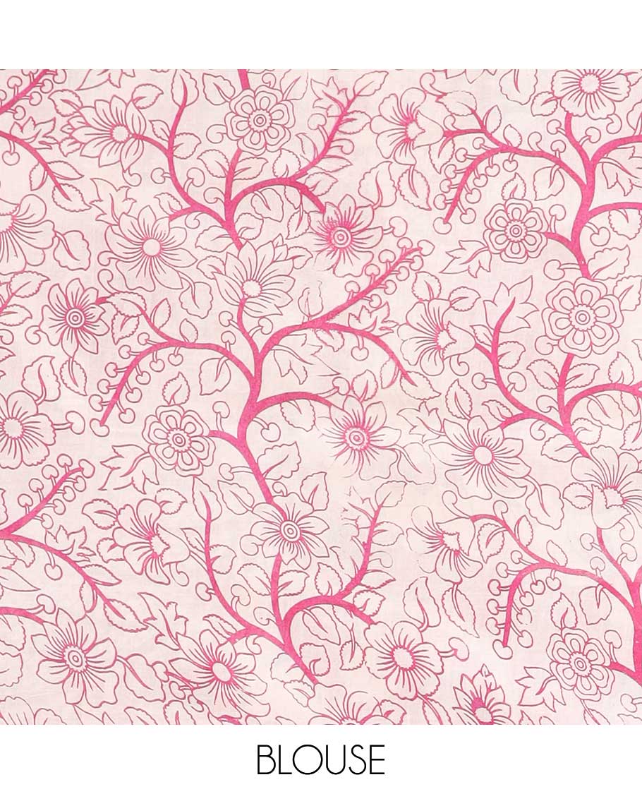 Pink Human figurines machine-printed kalamkari cotton saree, Pichwai cow border & animal motifs pallu
