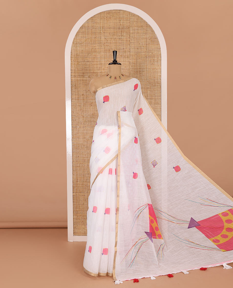 White kite motifs printed linen cotton saree, piping zari border, kite motifs printed pallu, and a contrast ikkat style printed blouse