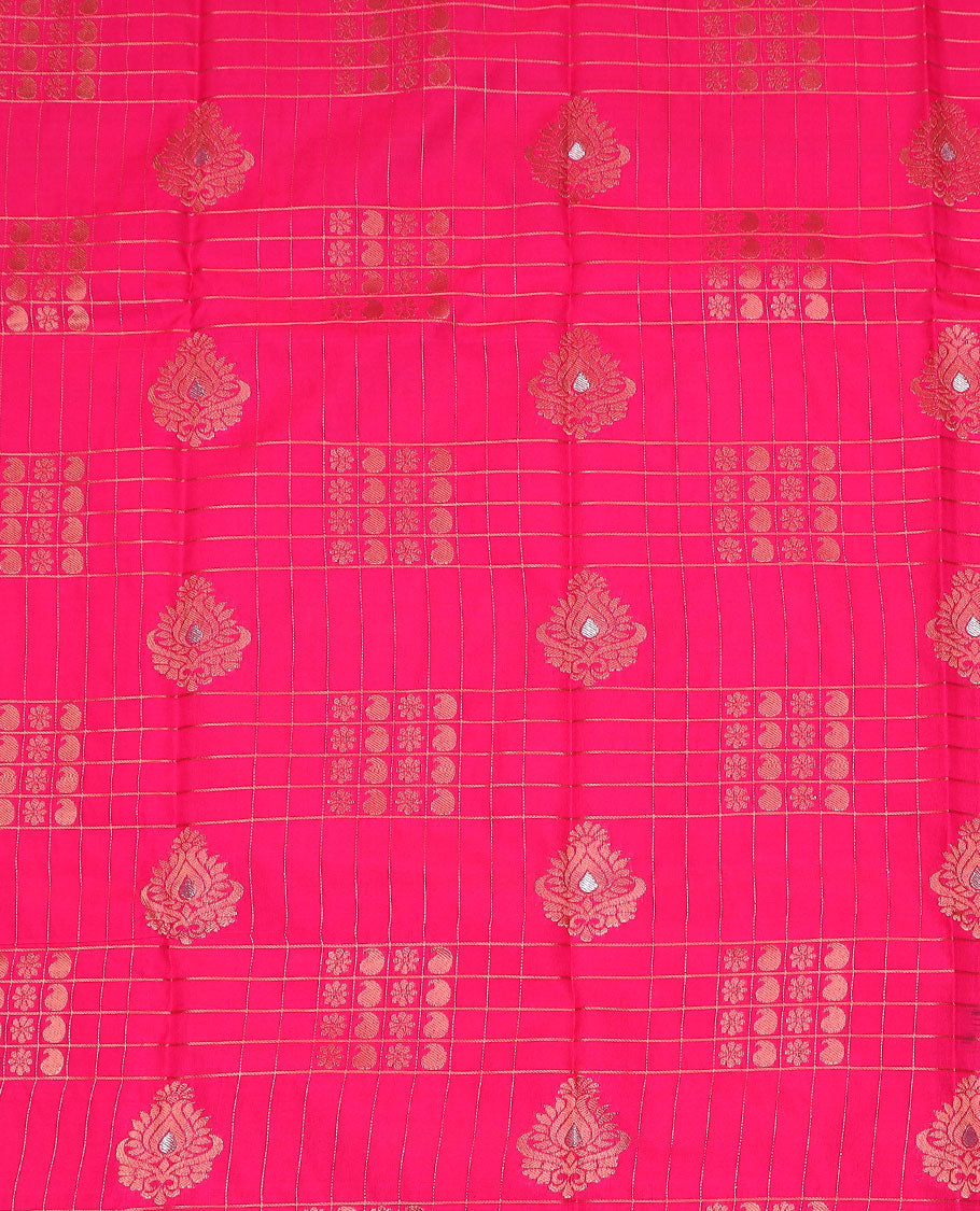 Pink art silk pavadai material set, zari design pavadai, contrast blouse & traditional zari border