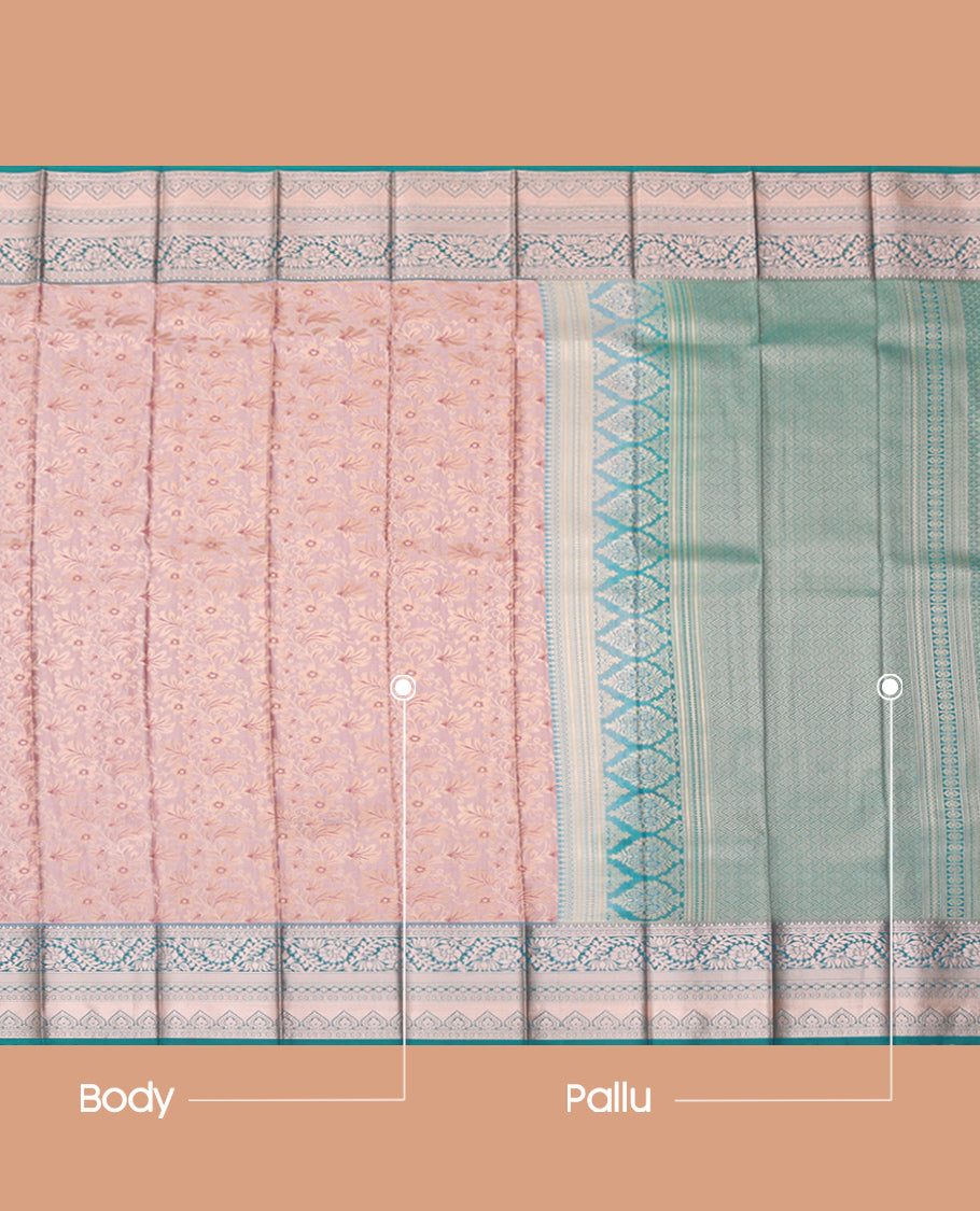 Pale Pink Budget Silk Saree, Bedecked with Jacquard Design, Complemented by Contrast Traditional Zari Border, a Grand Pallu and a Contrast Blouse