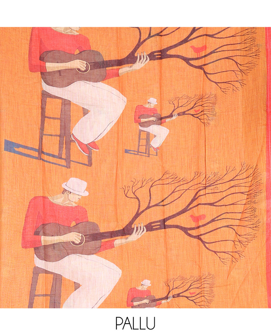 Orange Linen Cotton Saree, Depicting Men with a Guitar Motif Printed All Over Its Body, Complemented by Contrast Piping Border, Pallu Pictures a Men with a Guitar Motif, and Paired with a Contrast Blouse