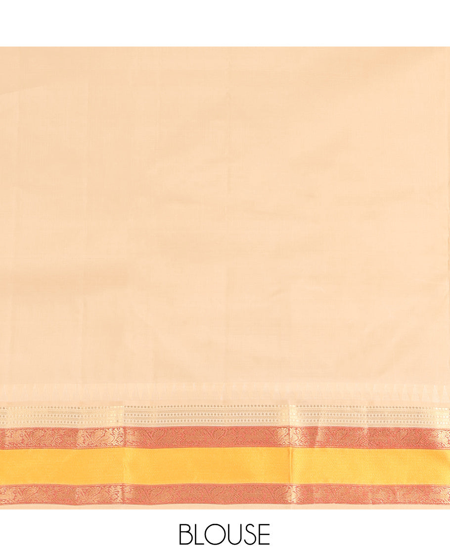 Teal Vasundhara Lite-Silk Mix Saree, Decked Up with Zari Buttas, Contrast Temple Border of Mayil Design, Paiyadi Kattam Pallu, and a Contrast Blouse
