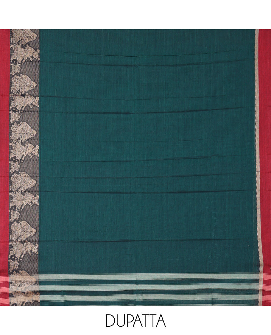 Bottle Green Mercerised Cotton Material Churidar Features Plain Top, Contrast Thread Wedding-Themed Motif Border, Matching Bottom and Dupatta